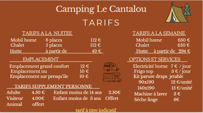 TARIF CAMPING LE CANTALOU CANTAL
